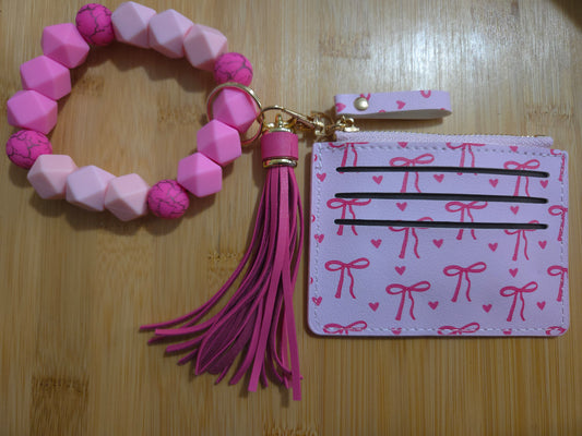 Pretty in Pink Bow Print Beaded Wristlet