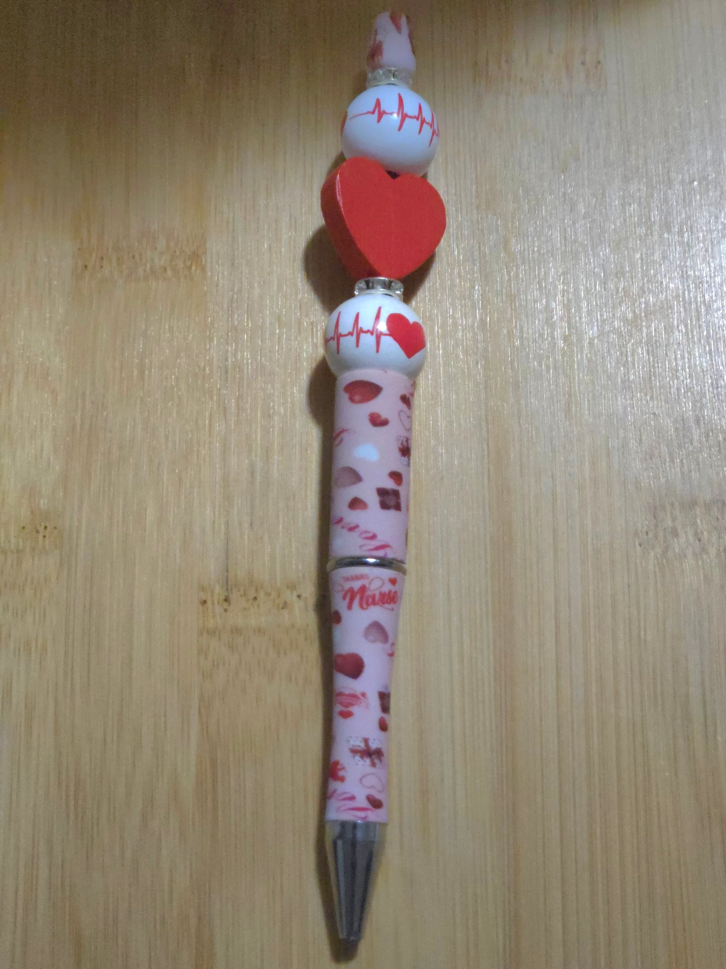 Heart Beaded Pen with a Wooden Heart focal