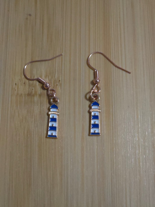 Blue and white dangle lighthouse earrings