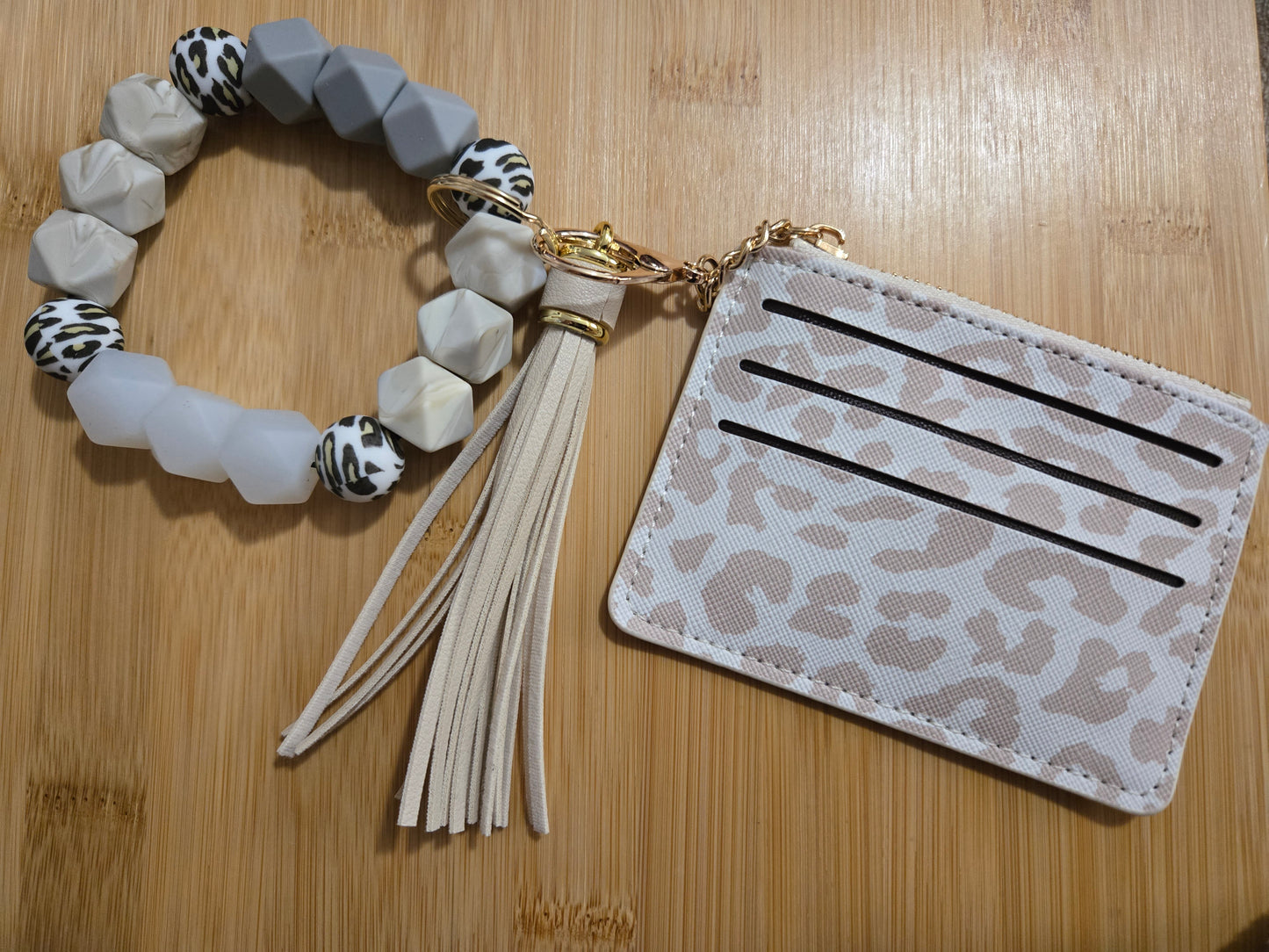 White and Tan Cheetah Print Beaded Wristlet