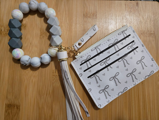 White with Grey Bow Print Beaded Wristlet