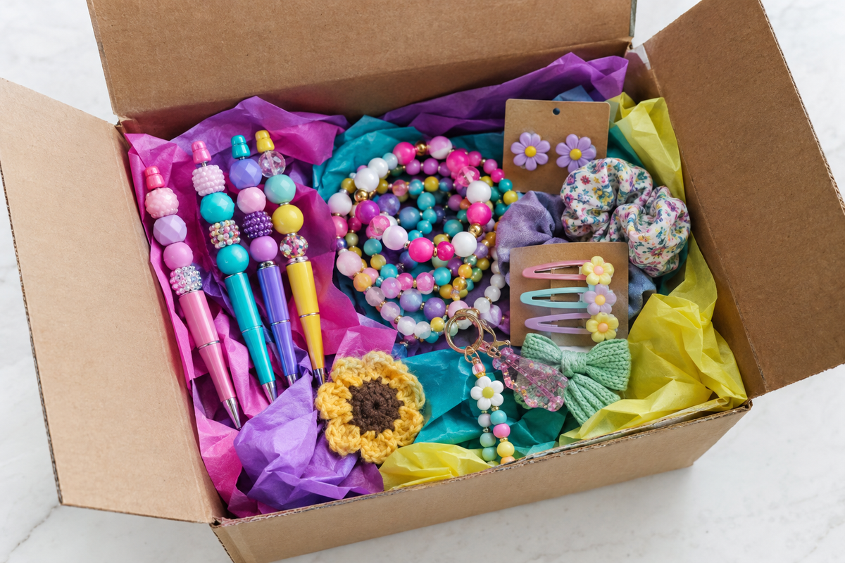 "Open shipping box filled with mixed handmade mystery bundle items including beaded pens and accessories"