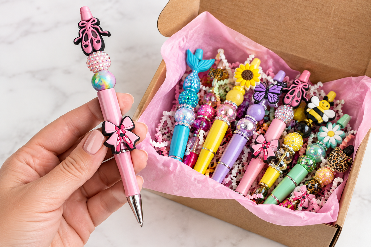 "Hand holding a handmade beaded pen next to a mystery bundle box for size reference"