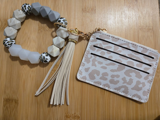 White and Tan Cheetah Print Beaded Wristlet