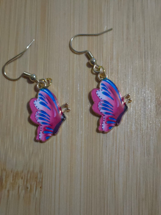 Deep pink and blue dangle butterfly earrings