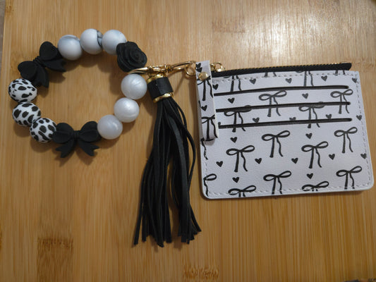 White with Black Bow Beaded Wristlet