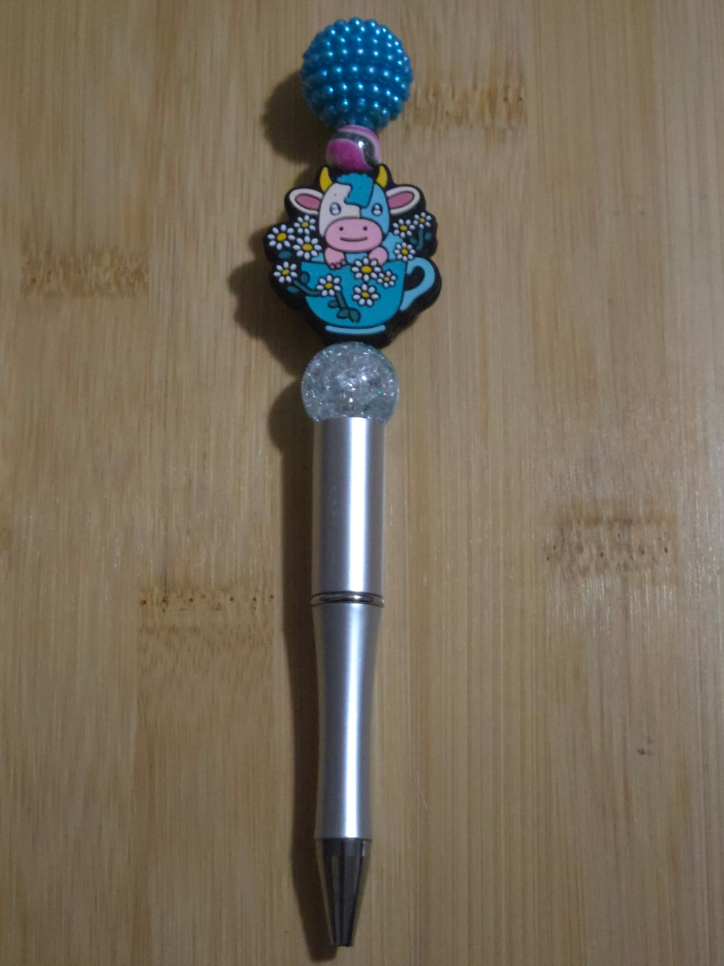 Beaded Pen with Cow in Tea Cup focal