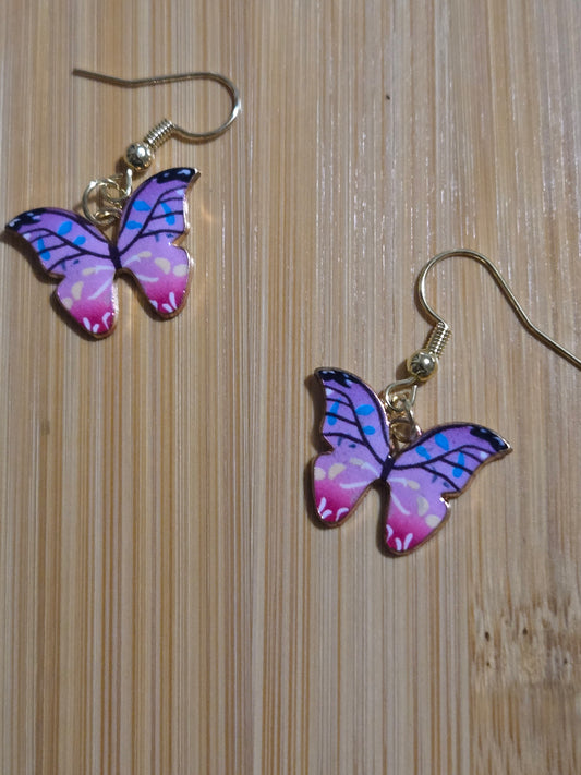 Pink, white, and purple butterfly earrings