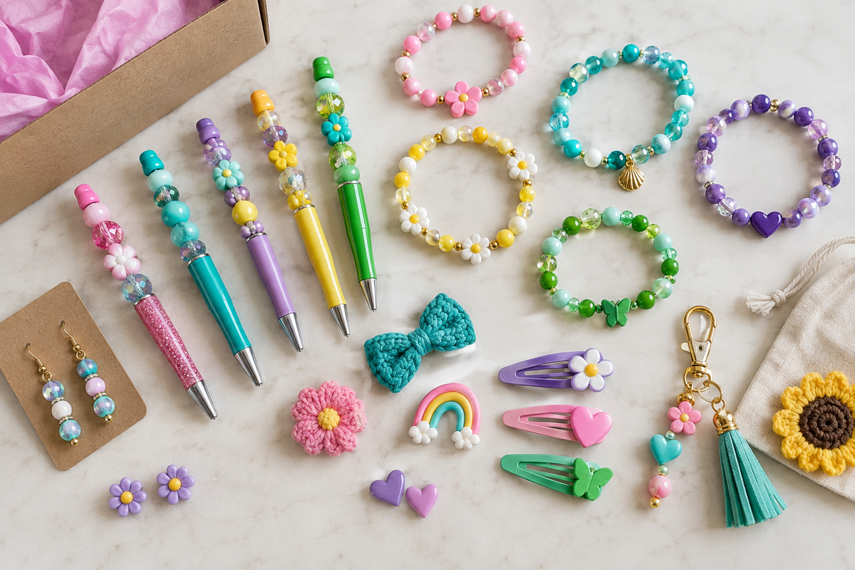 "Assorted handmade items from a mystery bundle spread out — contents may vary"
